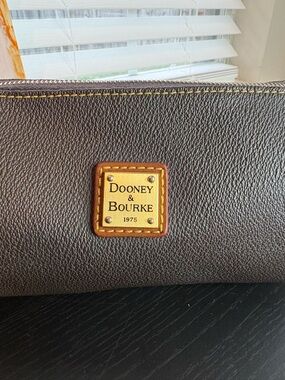 Dooney & Bourke Dark Brown Pebbled Leather Wristlet with Brass Plaque